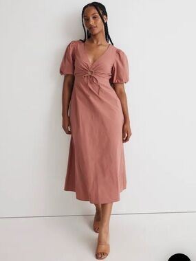 Madewell Poplin Cutout Puff-Sleeve Midi Dress in Vintage Quartz size 2